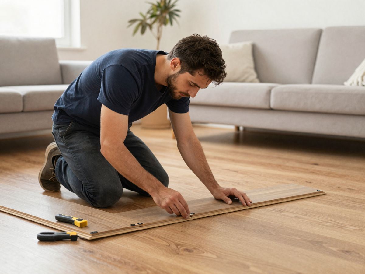 Tradesperson installing laminate flooring planks